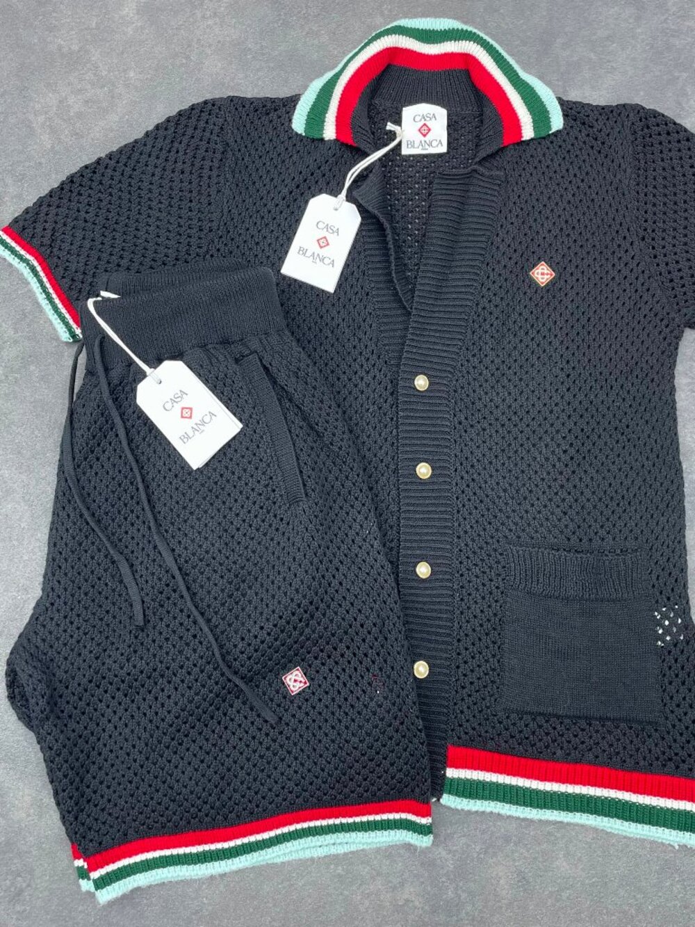 Casablanca Men's Black Crochet Knit Shirt & Shorts Set- Size XL